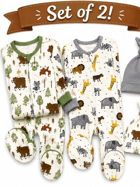 NWT Baby Essentials Set of 2 Footed Rompers Animal Theme Size 6 Months